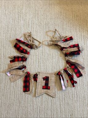 ONE Burlap & Red Buffalo Plaid Highchair Birthday Banner
